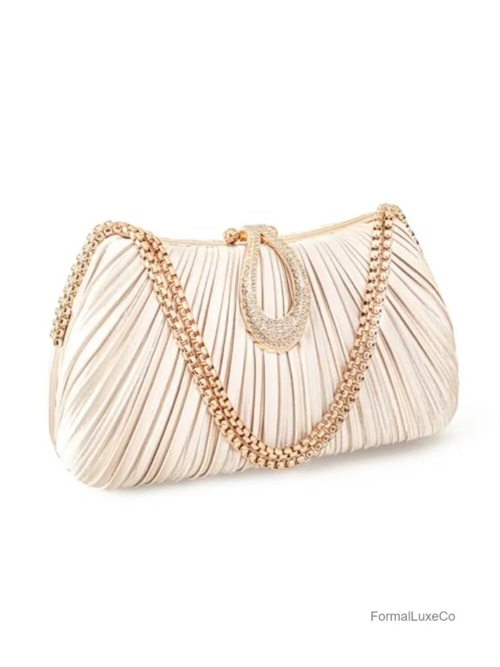 Pleated Satin Evening Clutch with Detachable Chain Strap, Metal Clasp, Formal